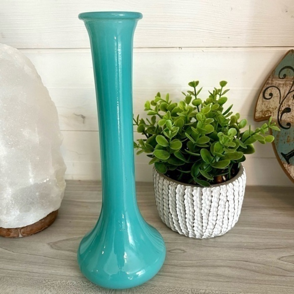 Vintage Aqua Blue 10” Glass Bud Vase Midcentury